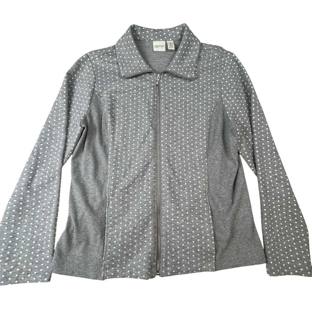Zenergy by Chicos Gray Polka Dot Full Zip Jacket Ribbed Side Panels Size 2 L